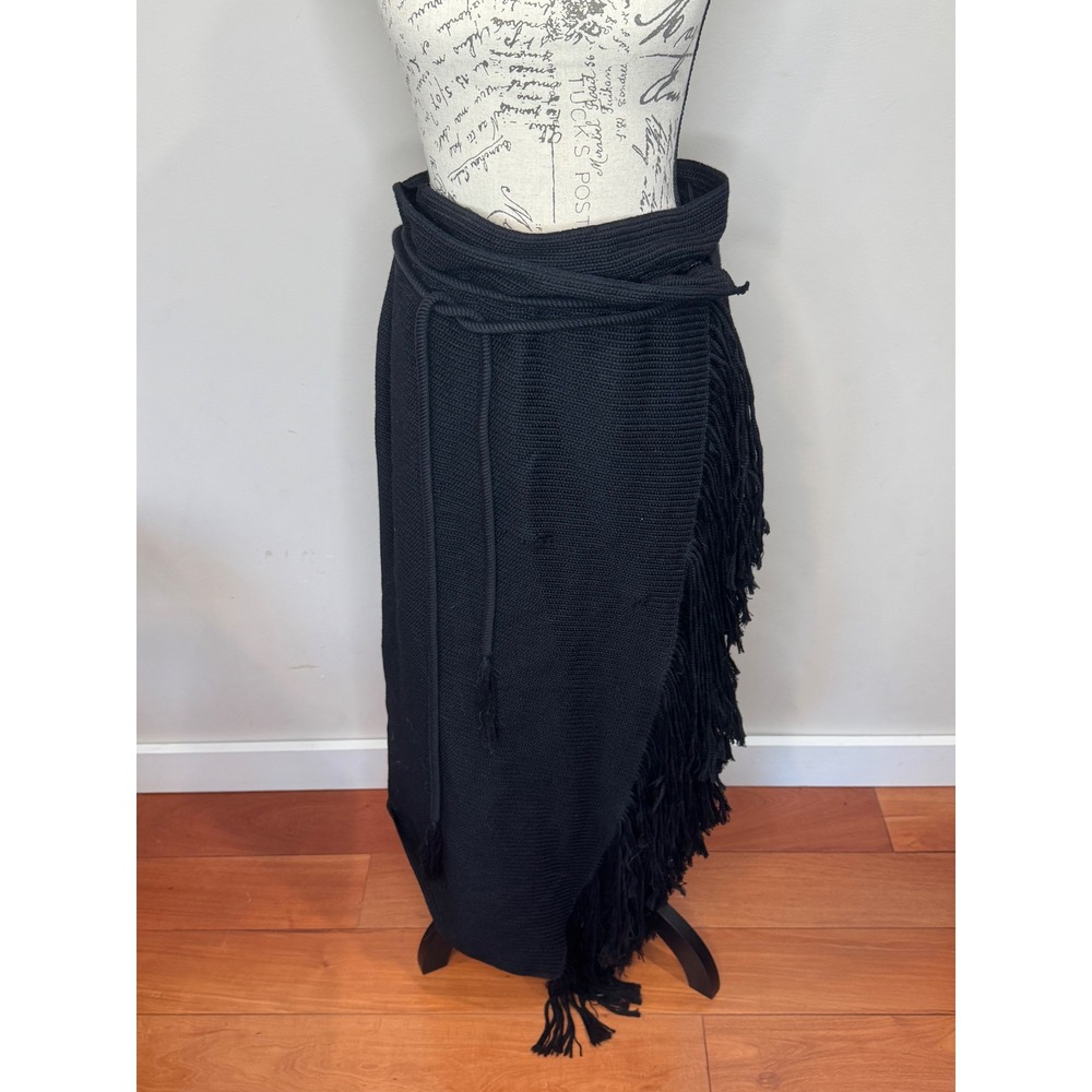 Lanvin Winter 2015 Black Wool Blend Wrap Skirt Asymmetrical Fringe Sz 40